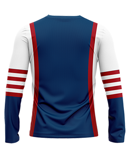 HOCKEY Long Sleeve T-shirt   Patriot Sports    Back View .  Combination of   Blue  Red and  White.