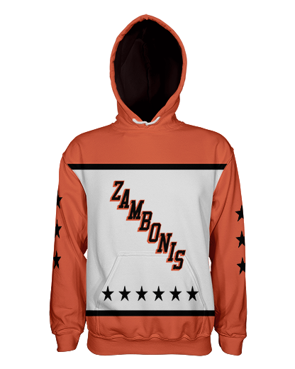 Zams white Pullover Hoodie .   Patriot Sports   Front View. Printed all over in HD on premium fabric. Handmade in California.