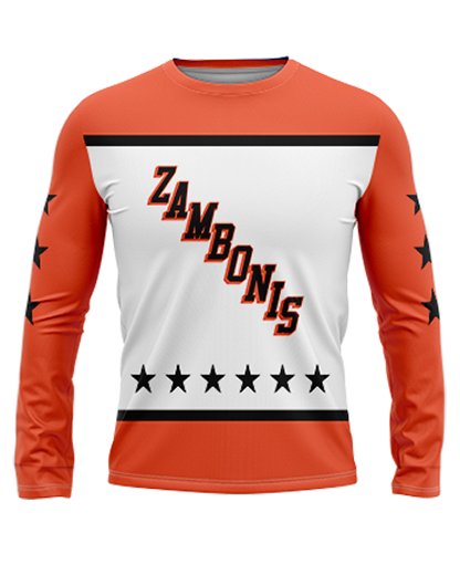 Zams white Long Sleeve T-shirt   Patriot Sports   Front View. Printed all over in HD on premium fabric. Handmade in California..